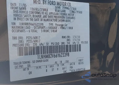 2006 Lincoln Town Car Signature Limited из США, поврежденный, VIN 1LNHM82V66Y623398